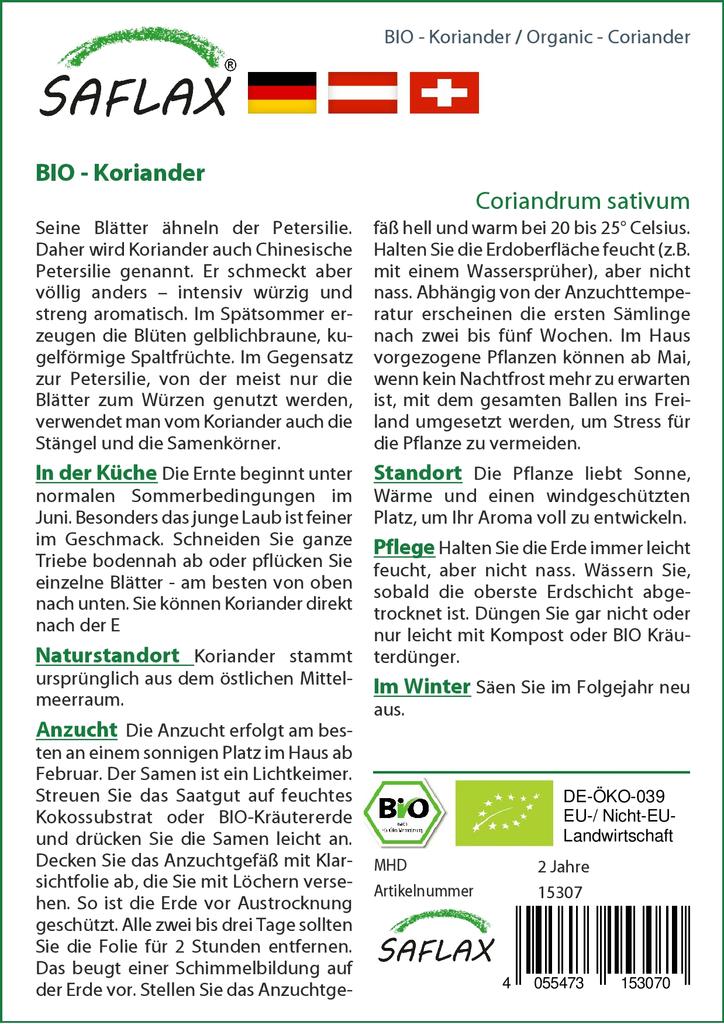 SAFLAX Garden in the Bag - Органический - Кориандр - 150 семян - С субстратом в подходящем пакете - Coriandrum sativum