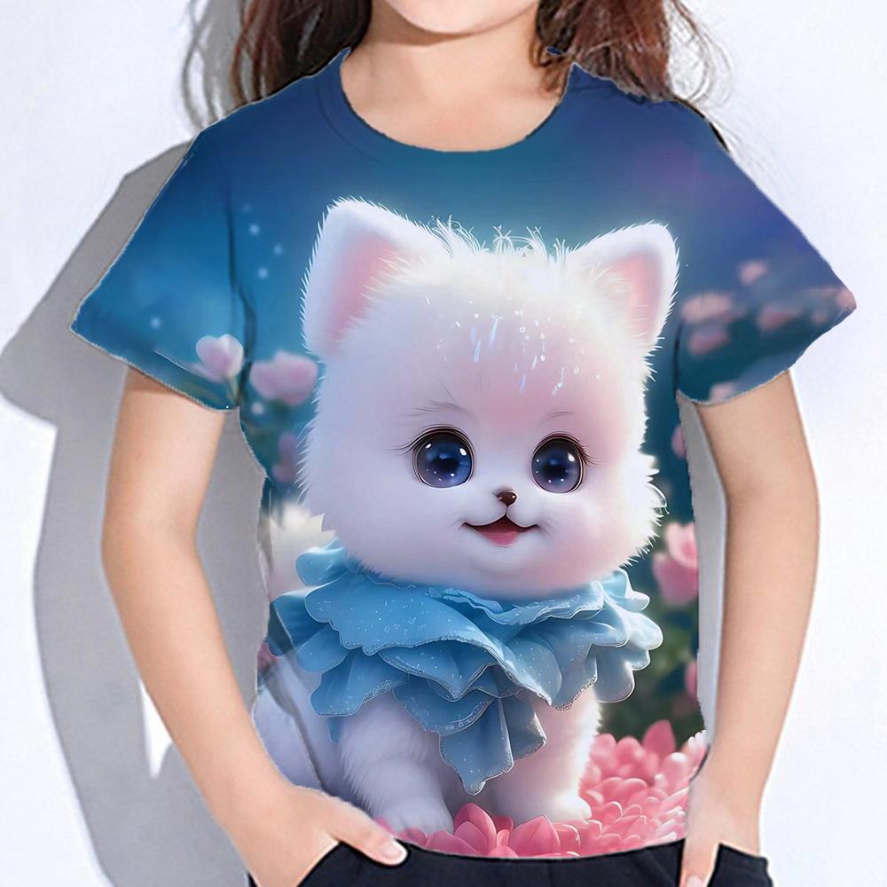 2025 Детская одежда Принт Одежда для девочек Модная блузка Kawaii Футболка Детская одежда Полиэстер Девушка Футболка с коротким рукавом