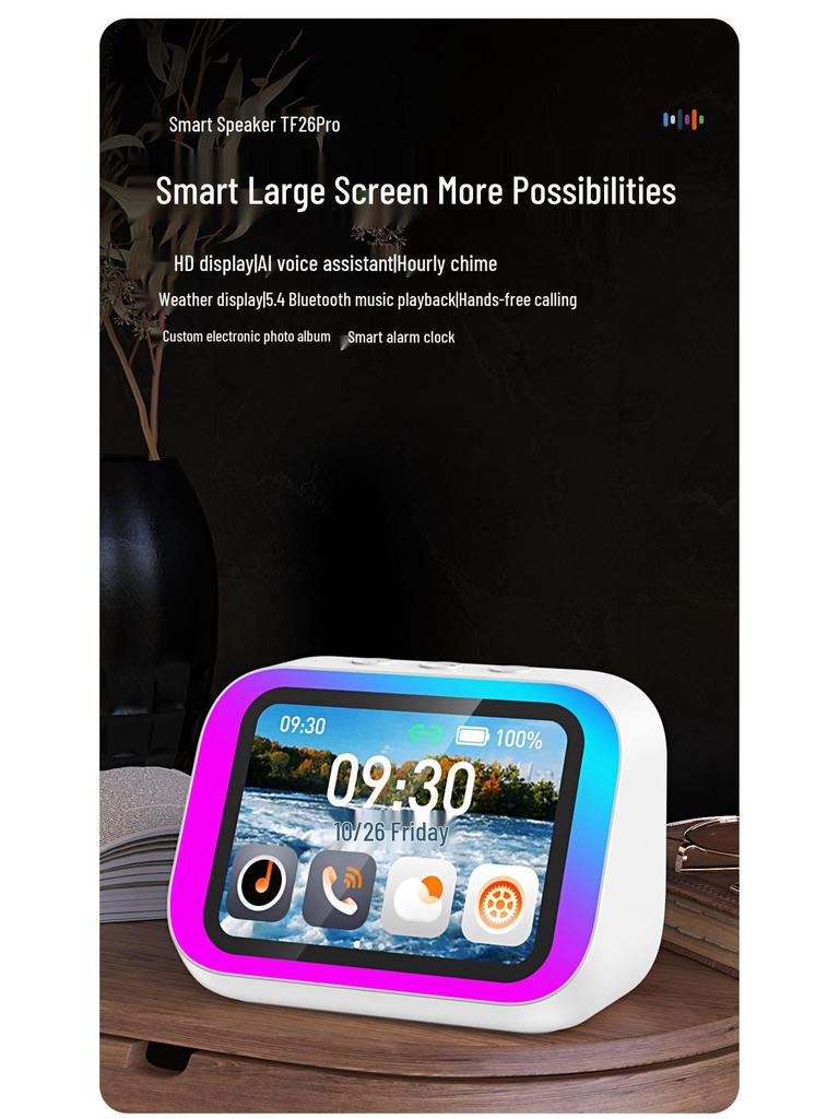 AI Voice Speaker with Hands-free Calling, Music Playback, Photo Album, Time Reporting, Weather Forecast, and Smart Alarm Clock