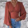 Женские модные повседневные весенне-осенние однотонные блузки и рубашки с v-образным вырезом и длинным рукавом с принтом