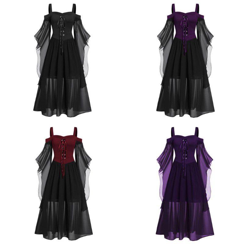 Хэллоуинское платье ведьмы Готический средневековый костюм для косплея С открытыми плечами Высококачественная полиэстеровая ткань