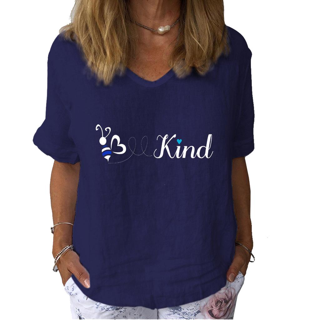 Women Fashion Cotton Linen T-shirt Casual V-neck Short Sleeve Top Ladies Print Tee Shirt