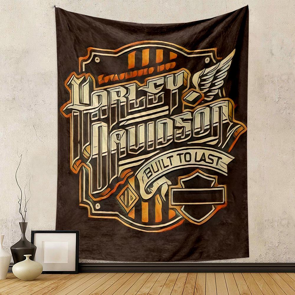 Harley Davidson Built to Last Tapestry Wall Hanging, Motorcycle Brand, Wall Decor for Bedroom Living Room Dorm