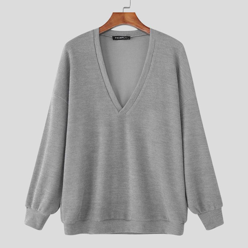 INCERUN Мужские трикотажные пуловеры с V-образным вырезом и длинным рукавом