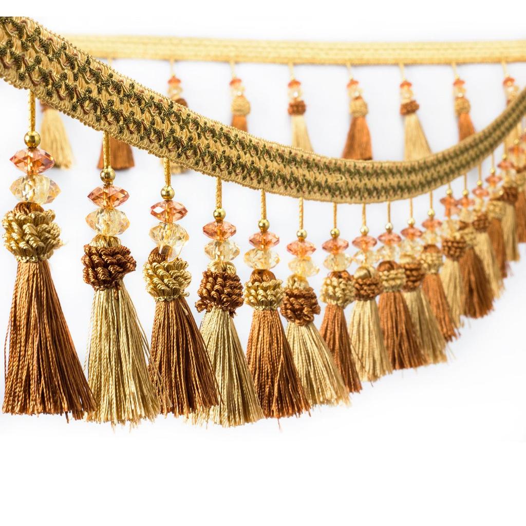 Двухцветное кружево с кисточками в виде клубничных шариков и хрустальными бусинами - 12 метров