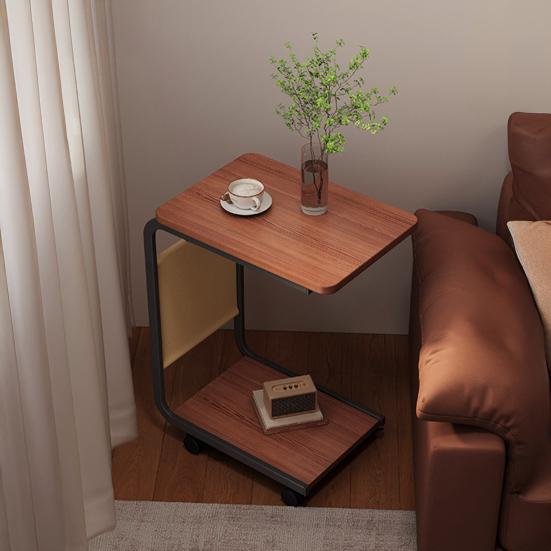 Двухуровневый приставной столик C-образной формы, перекатывающийся маленький кофейный столик с деревянной столешницей и металлическим каркасом, угловой столик для гостиной, спальни, прикроватная тумбочка, письменный стол на колесиках