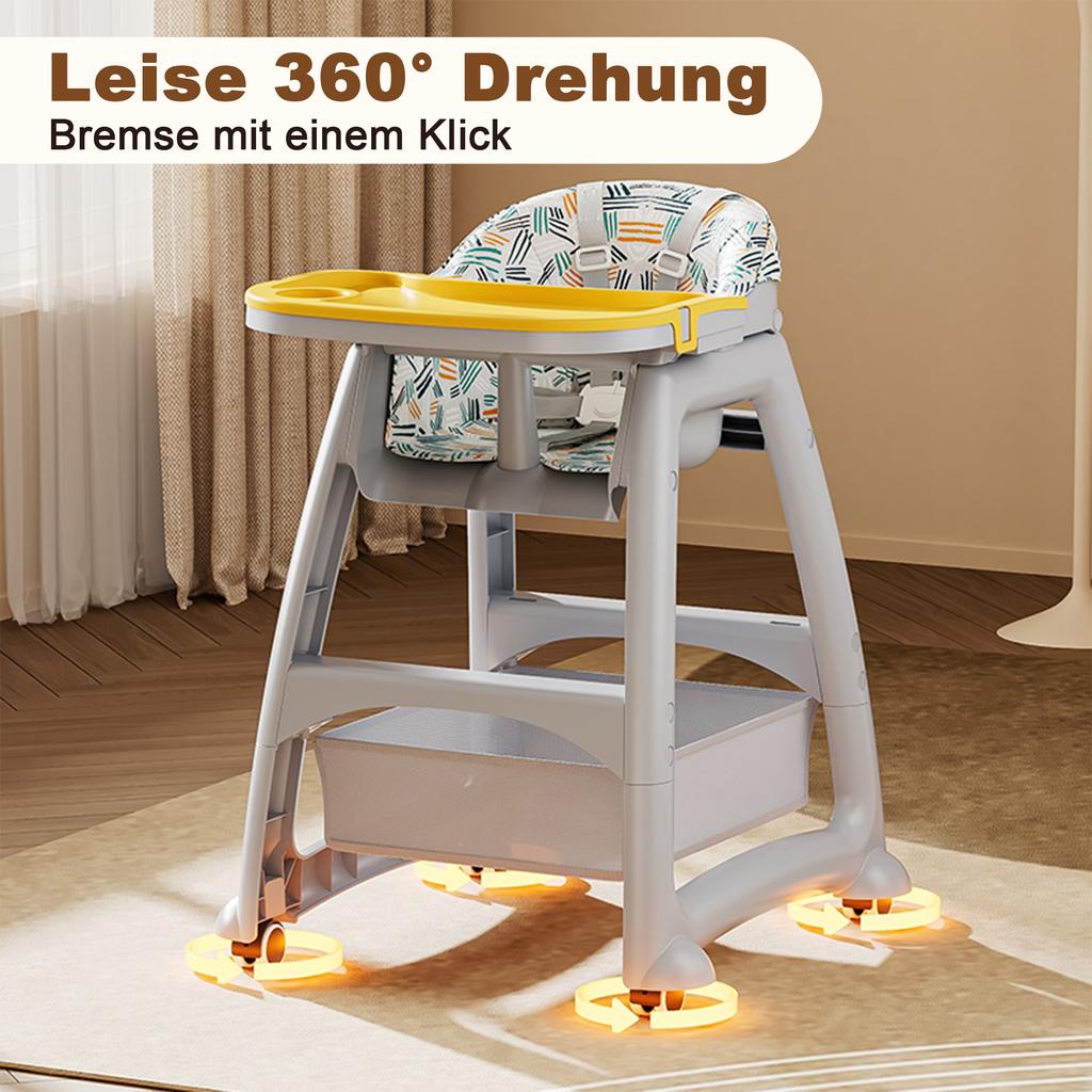 Children's High Chair with 3 Interchangeable PP Meal Plates, 5-Point Harness, Lockable Wheels and Removable Tray - For 6 Months to 3 Years