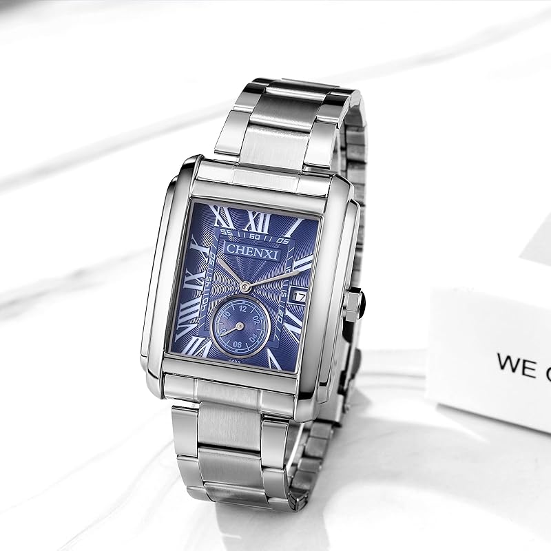 Square Watch Men's 3ATM Waterproof Stainless Steel Belt: Romaji Analog Calendar Quartz Watch Casual Watch Simple Fashionable Silver Fashion