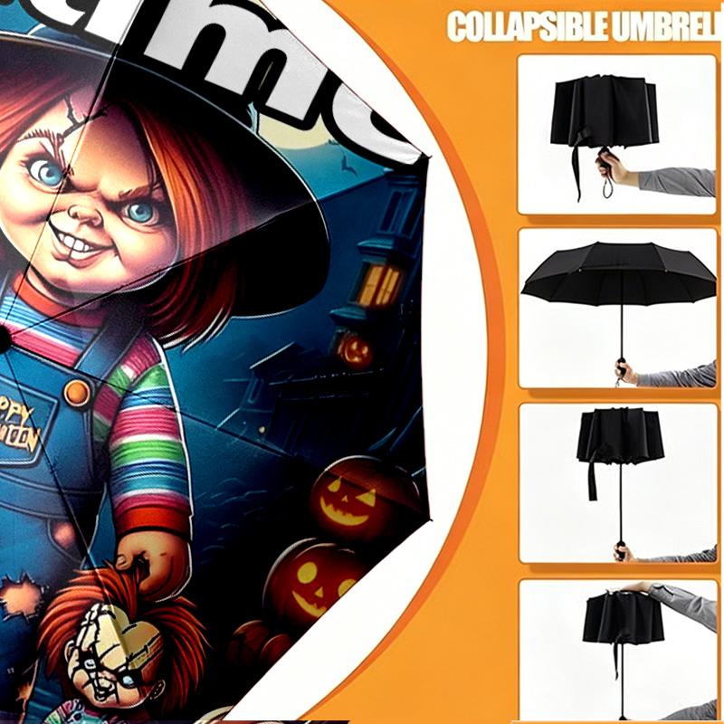 Custom Name Personalized Bride of Chucky Print Umbrella, Auto Open Close, 8‑Rib Sturdy Frame, Commute Camping Hiking Use, Birthday Gift