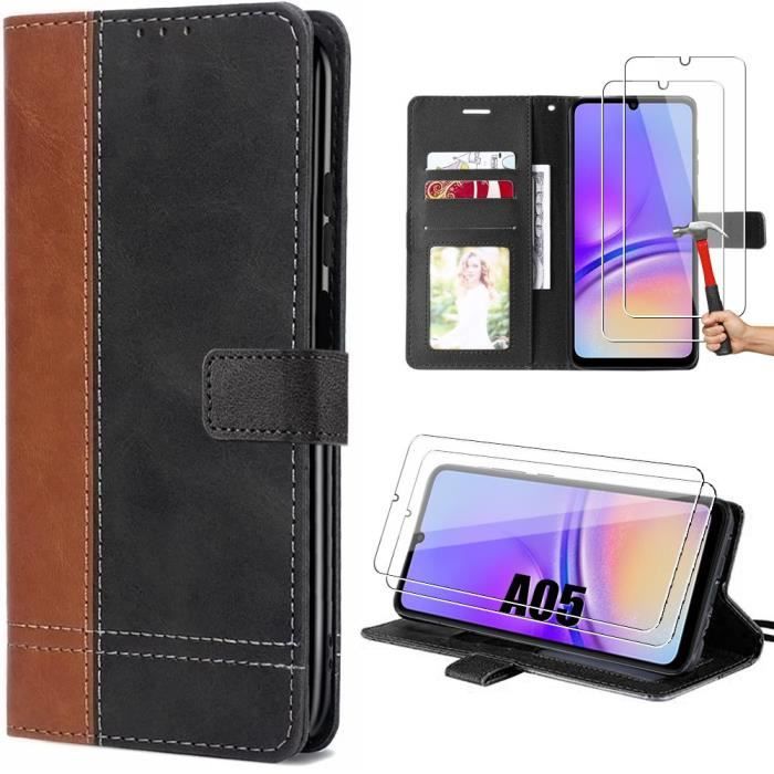 Coque de protection - BOOLING - Samsung Galaxy A05 - Effet Cuir Marron - Antichoc - 2 Verres Trempés
