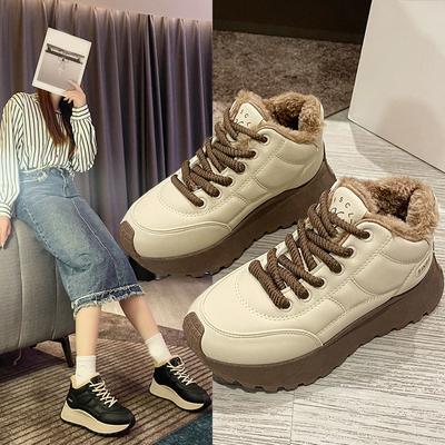 Женские осенне-зимние кроссовки с толстой подошвой, увеличивающие рост, пушистые теплые низкие кроссовки со шнуровкой спереди