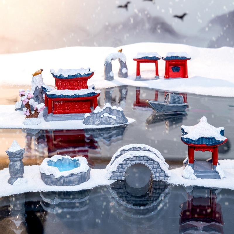 Micro-landscape Jiangnan Snow Scene Sand Table Pavilion Bridge GateRockery Landscaping Materials Decorations, Accessories, Small Ornaments