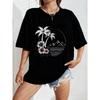 Vintage Black Oversized T-Shirt with Palm Tree, Hibiscus & Mountain-Moon Print – Tropical Minimalist Line Art Casual Top