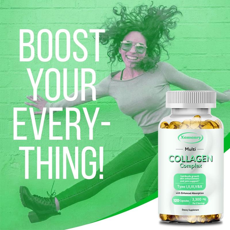 Unisex complex collagen capsules, supporting skin health, hair and nail growth, and joint health. Non-GMO, 120 capsules.