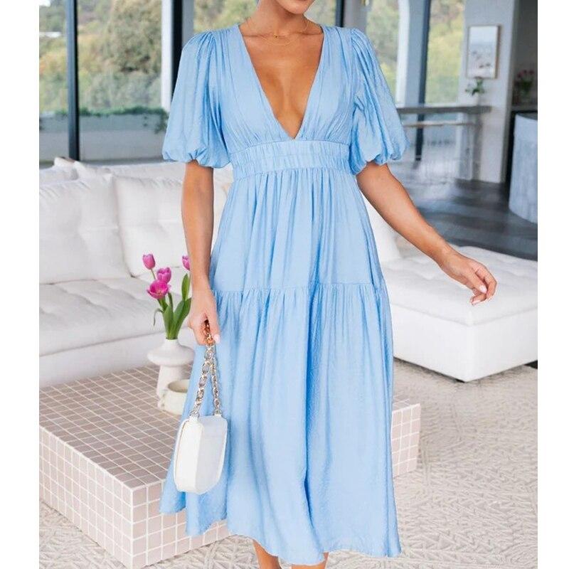 Летнее сексуальное длинное платье с глубоким v-образным вырезом для женщин, офисное однотонное платье с пышными рукавами, модное повседневное платье трапециевидной формы с гофрировкой 25816