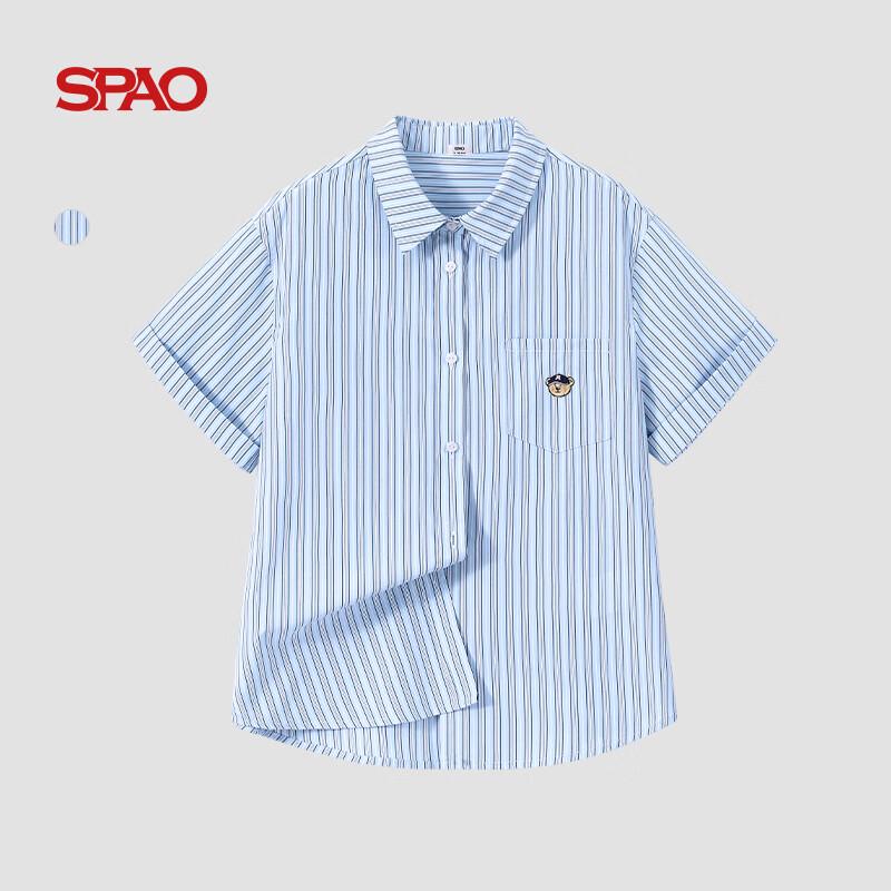 Женская синяя полосатая футболка SPAO с коротким рукавом и рисунком мишки