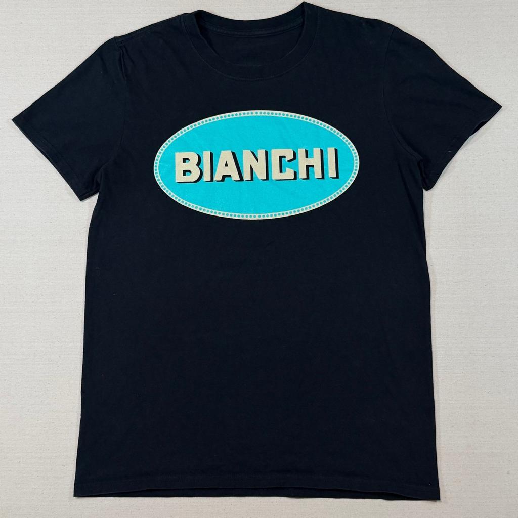 Bianchi Cycling T-Shirt Mens Small Black Celeste Blue Oval Logo Graphic Tee Unisex T-Shirt