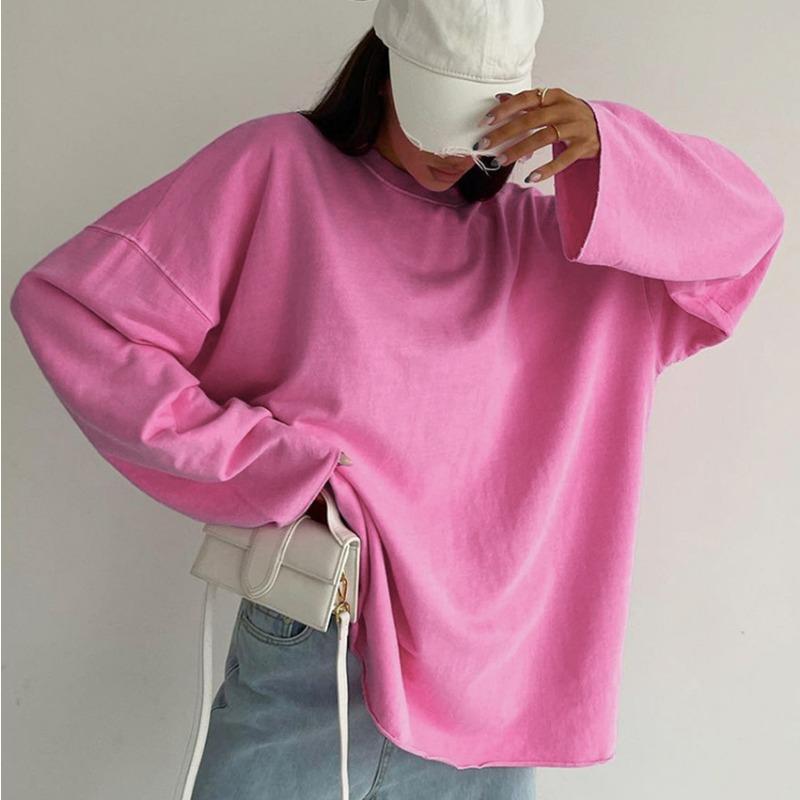 Women S Pink Long Sleeve T Shirt Loose Fit Solid Color Casual Top
