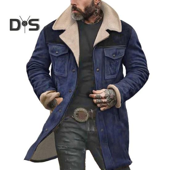 Men Jacket Large Plush Lapel Long Sleeve Vintage Suede Jacket with Pockets Zipper Up Mid-length Motorcycle Coat