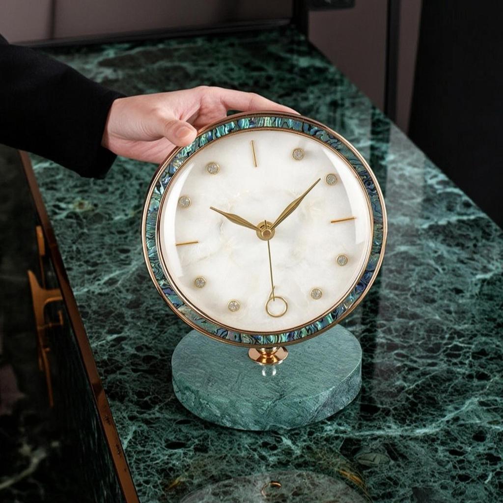 Clock with Marble Base Golden-Hued Decorative Desktop Marbled for Bedroom