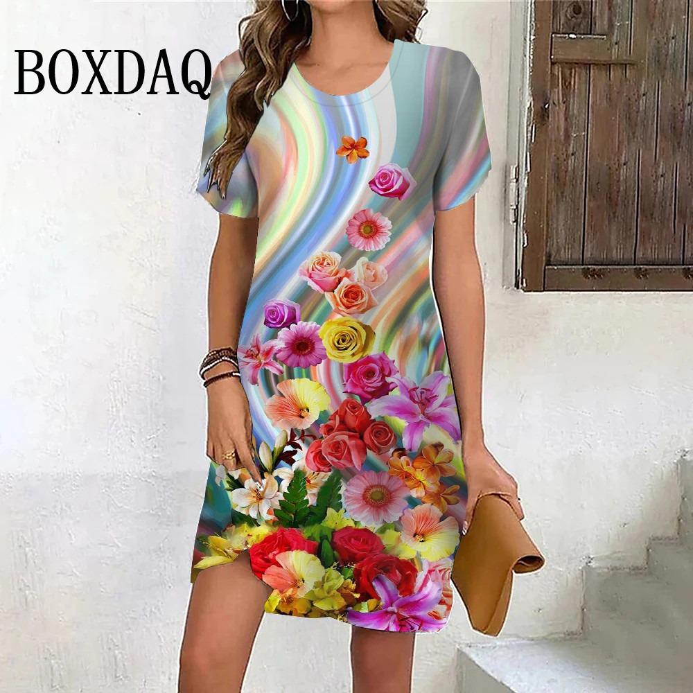 Rainbow Gradient Flower Dress Women's 3D Printing Short-sleeved Loose A-line Dress Summer Fashion Casual Sweet and Elegant Women's Dress