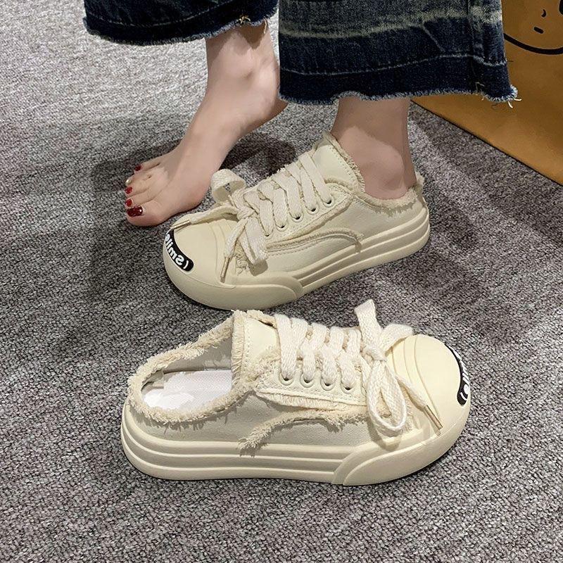 Открытая улыбка полулоток мешок голова маленькие белые парусиновые туфли женские летние 2024 новые универсальные ленивые повседневные классные тапочки на толстой подошве