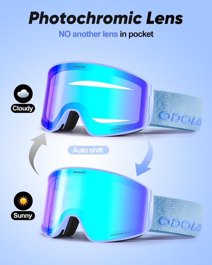 Фотохромные горнолыжные маски Odoland с зеркальным покрытием OTG Очки UV400 Автоматические Ударопрочные Взрослый размер Линзы меняющие цвет, Защита от запотевания, Совместимые, Защита,