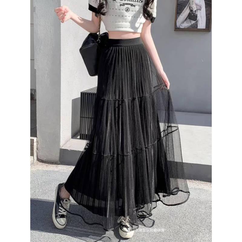 Cotton Blend Mesh Maxi Skirt With Pleats For Summer Casual Women
