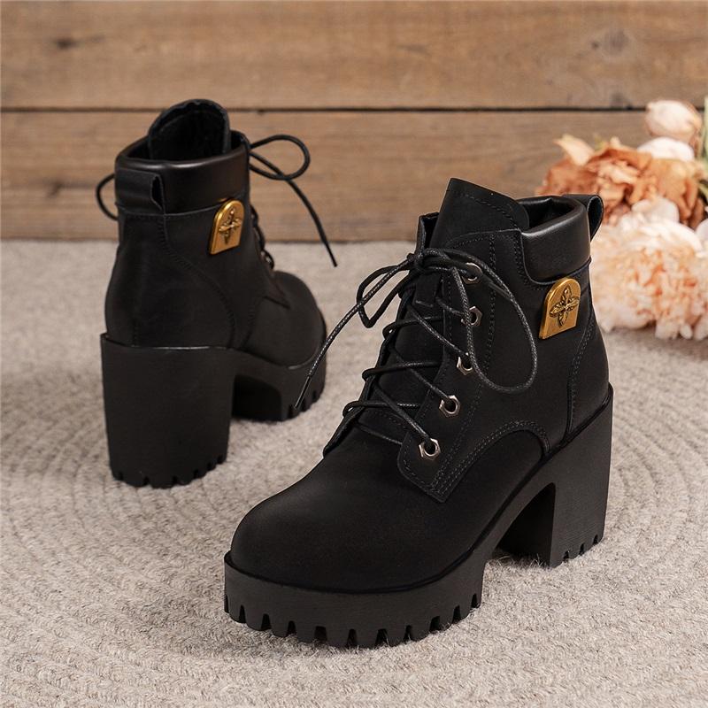 Women Plus Size Waterproof Martin Boots Autumn High Block Heel Platform Office Shoes