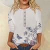 Women's Fashion Casual 3/4 Sleeve Floral Button Printed Round Neck Pullover Top Casual Clothing