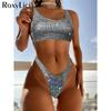 Сексуальные блестящие стринги с высоким вырезом и блестками, женские купальники, женский купальник, комплект бикини из двух частей, купальный костюм, купальный костюм