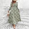 Long Floral Women Spring Sleeve Print Vneck Dress Summer Casual Aline Anklelength Elastic High Waist Dresses