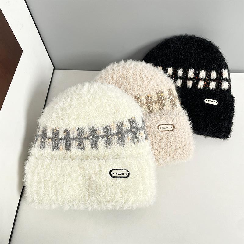 Plush Striped Knitted Hat for Women In Autumn and Winter New Korean Style Versatile Plus Velvet Thickened Warm Ear Protection Hat