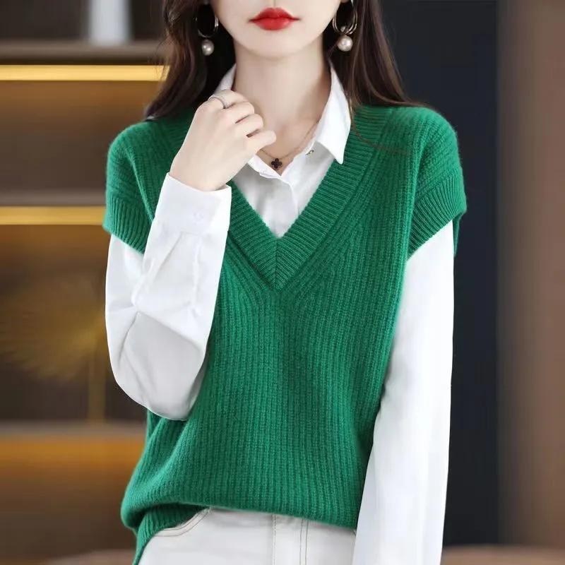 Knit Vest Women's V-neck Solid Color Top Loose Casual Pullover Pull Jumper Sleeveless Ted Bat Shirt All-match Harajuku Commuting Spring Autumn