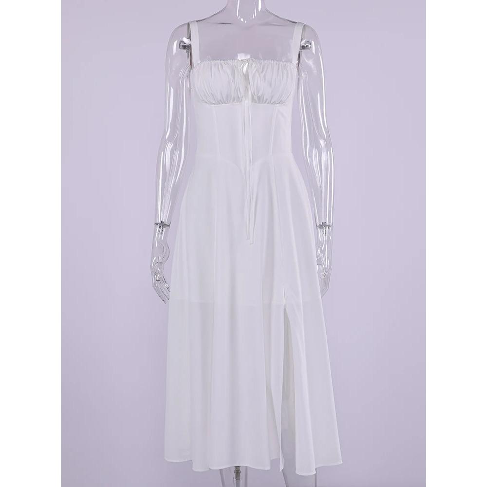 Summer Sweet Solid Sleeveless Long Dress Women Fashion Bandage Camisole Dresses Padded Boned Robe Elegant Party Vestidos