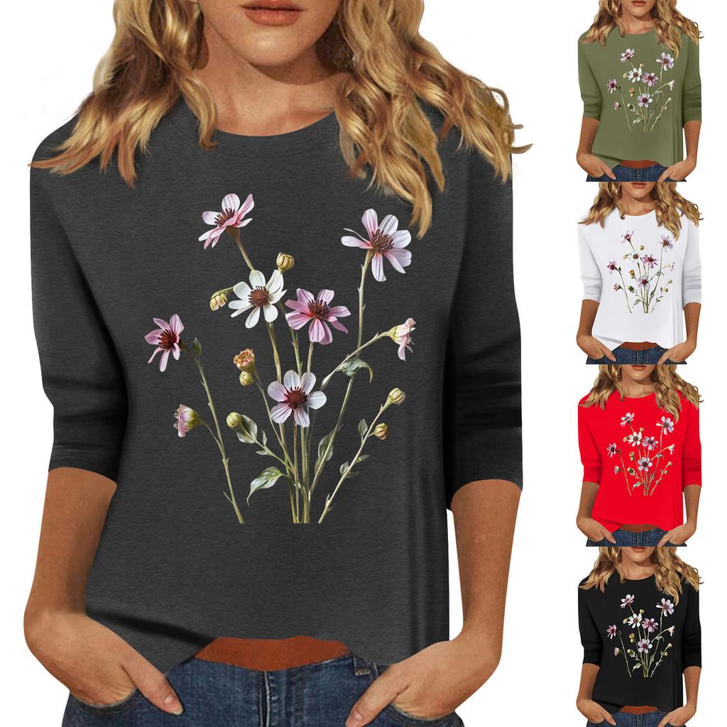 Women's Fashion Casual Printed Seven Sleeve Round Neck Top