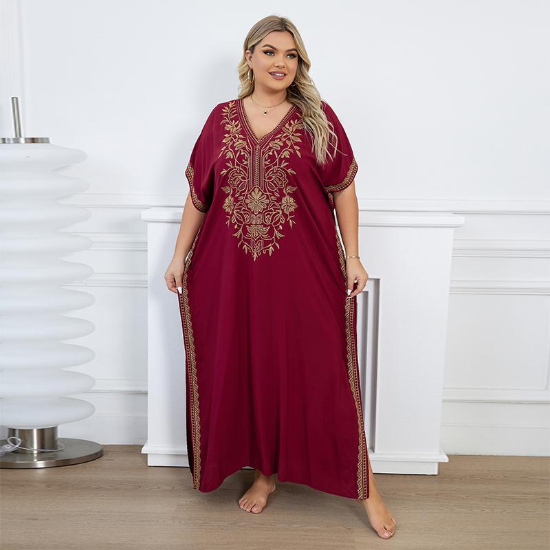 EDOLYNSA 2024 Gold Thread Embroidered Plus Size Casual Vacation Beach Dress Summer Swimsuit Coverup For Women V Neck Bat Sleeve Black Kaftan