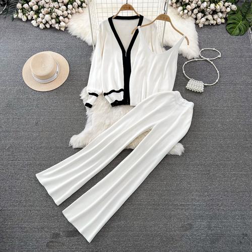 Осень-зима, винтажный однотонный вязаный свитер, брюки, комплект из 3 предметов, женский спортивный костюм, куртка на молнии с длинными рукавами, пальто, жилет, брюки, наряды