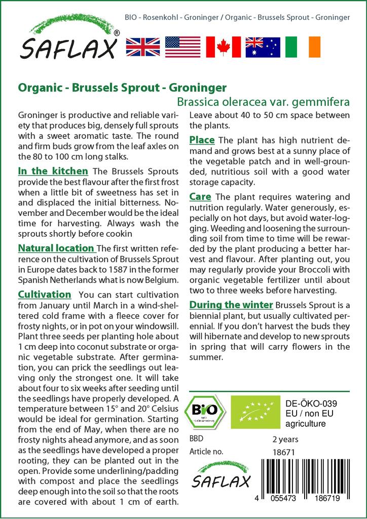 SAFLAX Garden in the Bag - Органический - Брюссельская капуста - Гронингера - 30 семян - С субстратом в подходящем стоячем пакете - Brassica oleracea