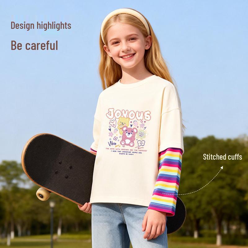 Baleno Girl's Striped Fake Two-Piece Long-Sleeve T-Shirt