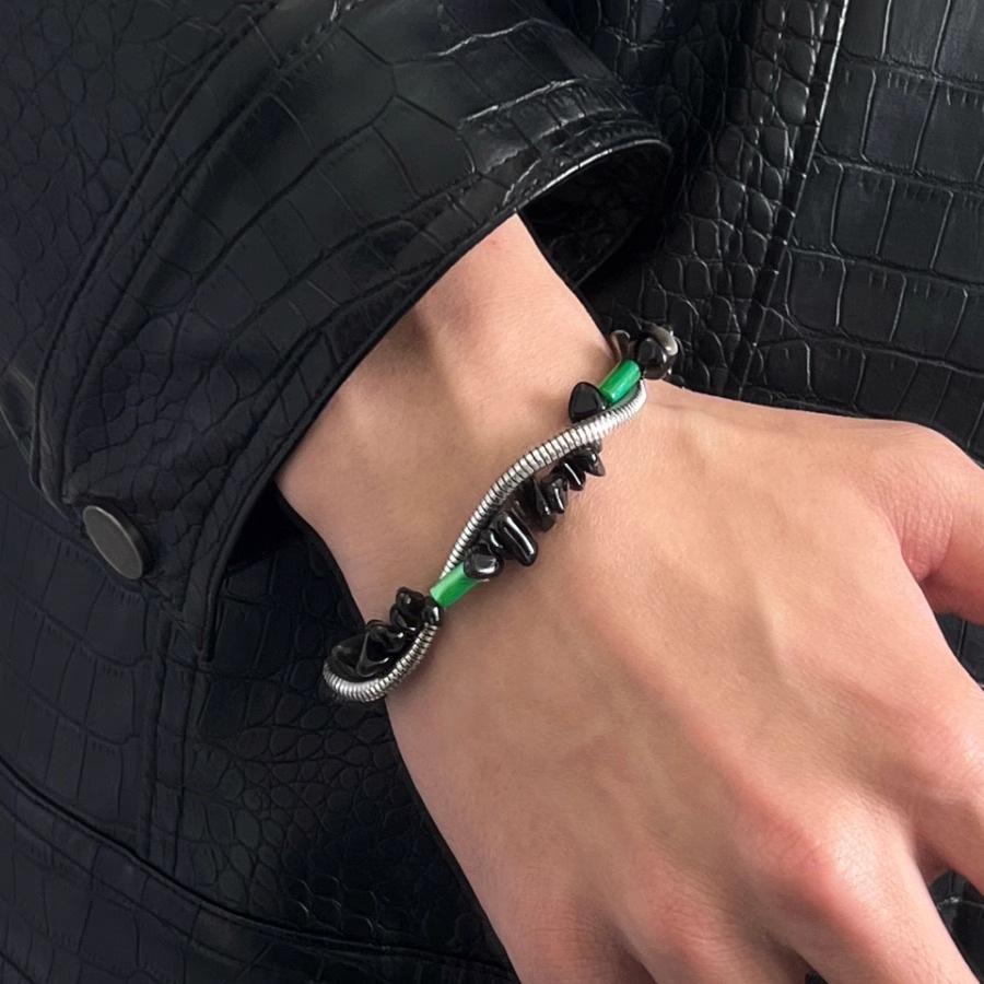Retro Black Crushed Stone Double Layer Snake Bone Bracelet for Men and Women - Trendy Hip Hop Couple Jewelry with a High-End Feel.