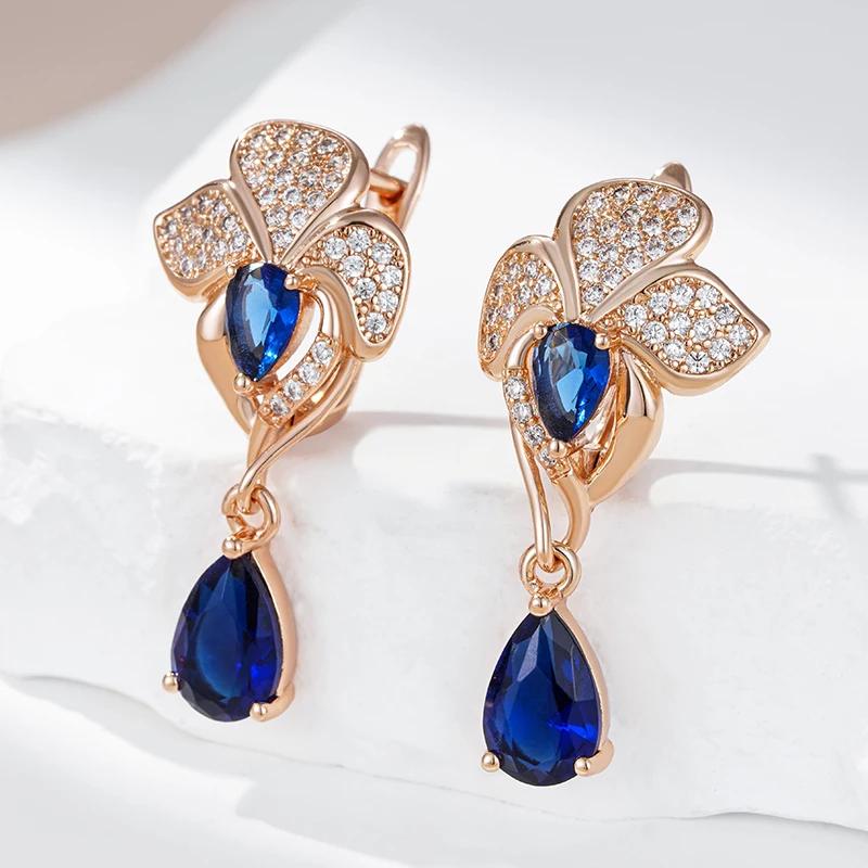 Blue Zircon Flower Dangle Earrings for Women Fashion Golden Earrings Accessories Luxury Costume Jewelry