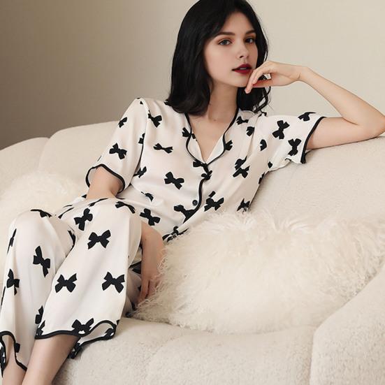 2 шт./компл. Сатиновые пижамы с принтом бантиков, V-образным вырезом на пуговицах, больших размеров, рубашка с длинным рукавом, брюки с эластичной талией и широкими штанинами