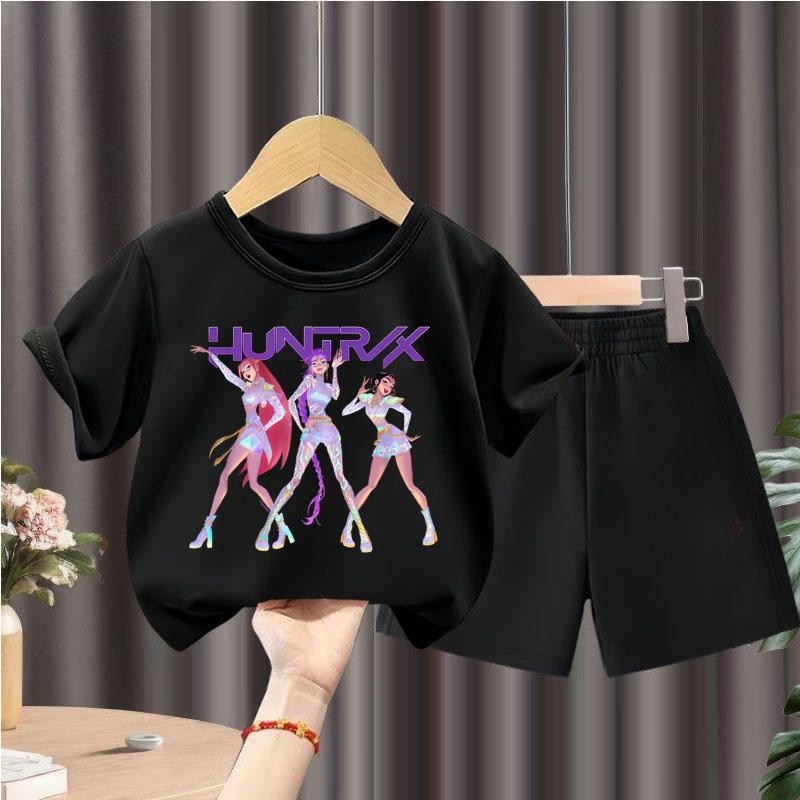 Летние детские повседневные комплекты футболок K POP с мультяшным принтом для девочек, топ с коротким рукавом и шорты, костюм из двух предметов, модные наряды для детей
