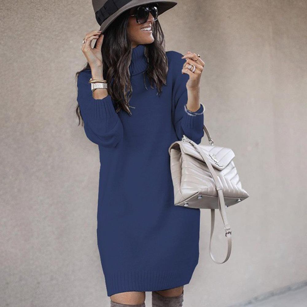 Женский зимний свободный свитер длиной до колена с длинными рукавами, осенний теплый трикотажный повседневный свитер средней длины с высоким воротом и юбкой