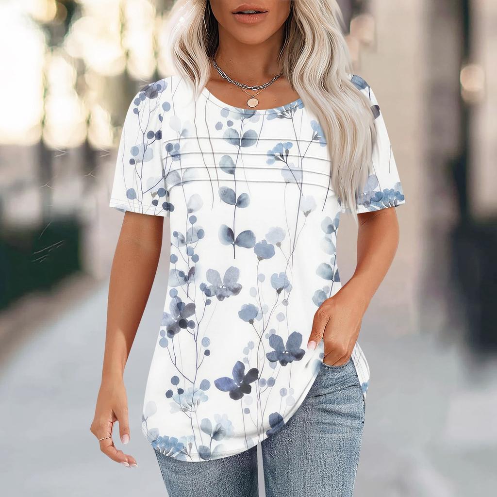 T Shirts For Women Pleated Round Neck Dressy Casual Blouses Printing Short Sleeve Summer Tops Loose Fit