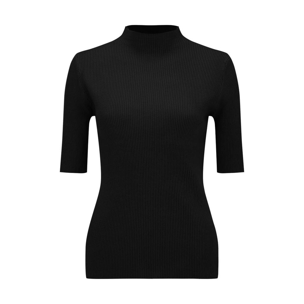 Мода Половина Высокий ворот Однотонный цвет Средний рукав Трикотаж Короткий рукав Женщина