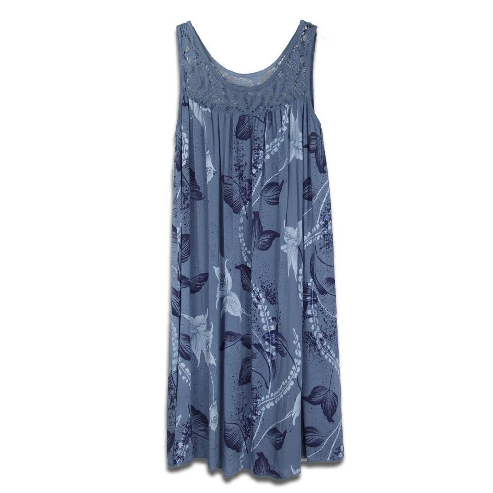 Плюс размер Цветочный принт кружева строчка О-образный вырез без рукавов Женское летнее свободное платье-майка