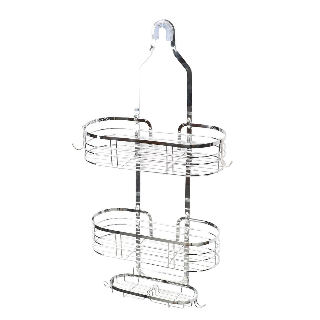Shower Caddy Hanging Over Head Iron Bathroom Organizer Shelves with Soap Holder 2 Hooks for Towels Sponge Silver