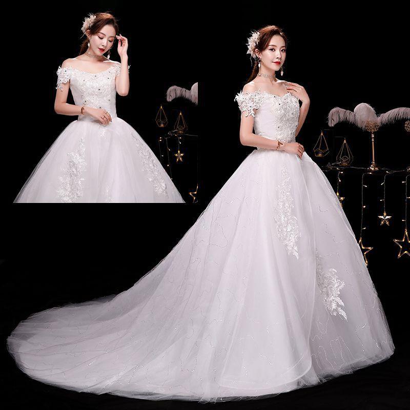Elegant Off-Shoulder Satin Wedding Dress With Long Train Slim Fit Korean Style Vintage Bridal Gown Plus Size Brides